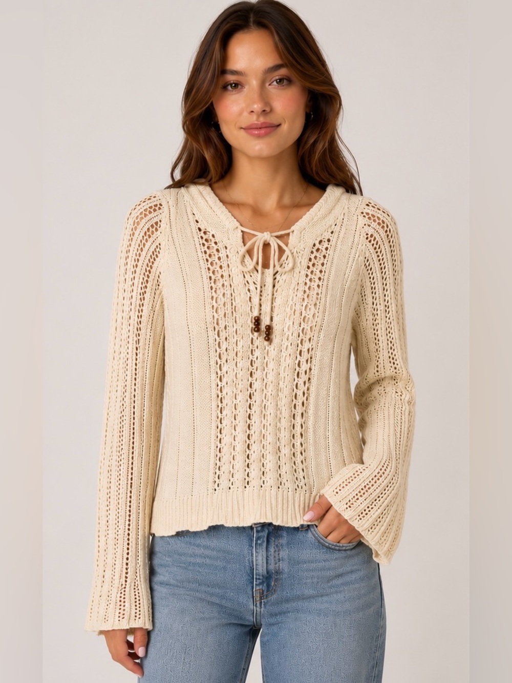 American Eagle Open-Knit Hooded Sweater - Cream Sz M